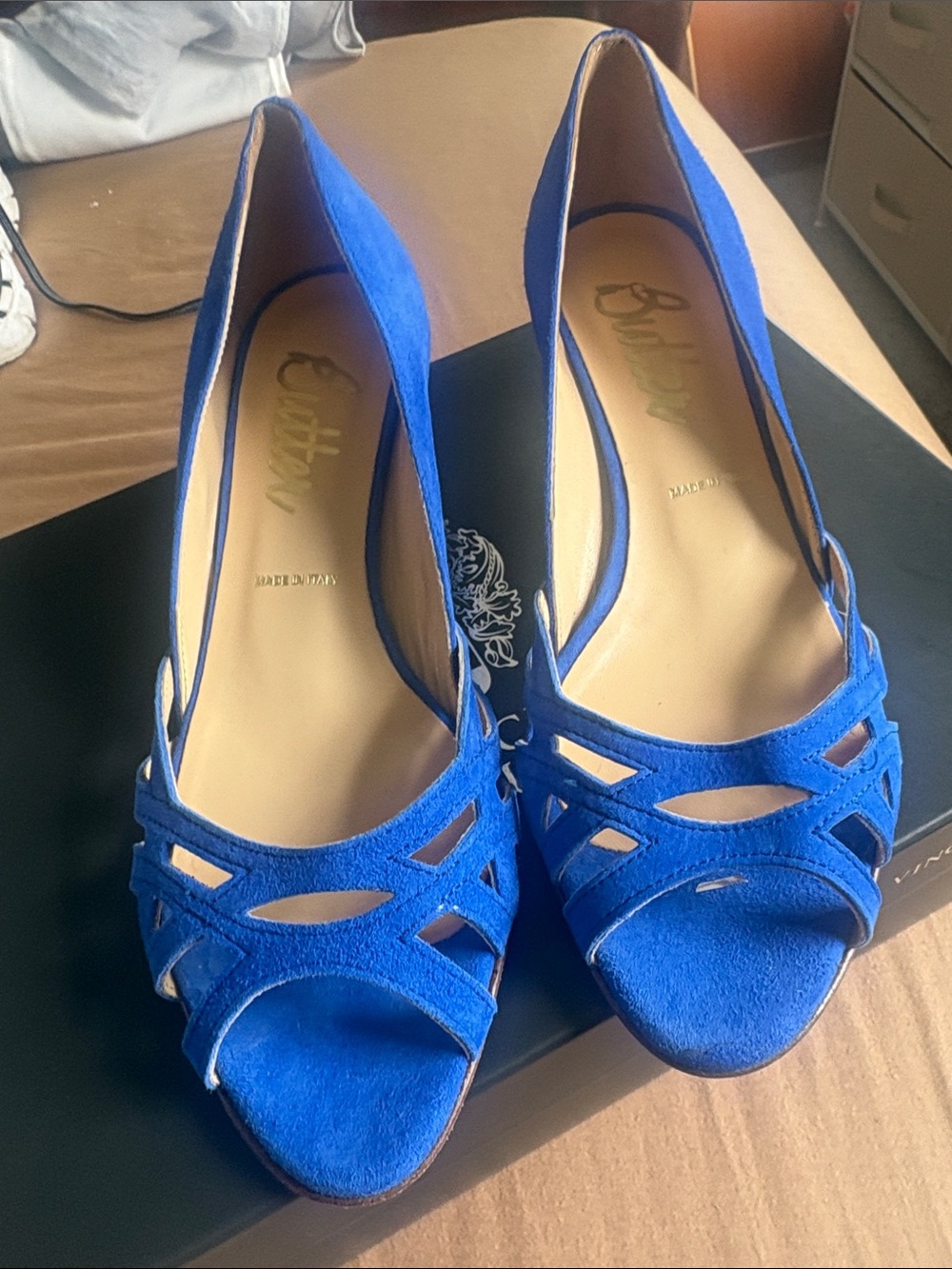 Butter Cobalt Blue Suede Cutout Peep-Toe Heels